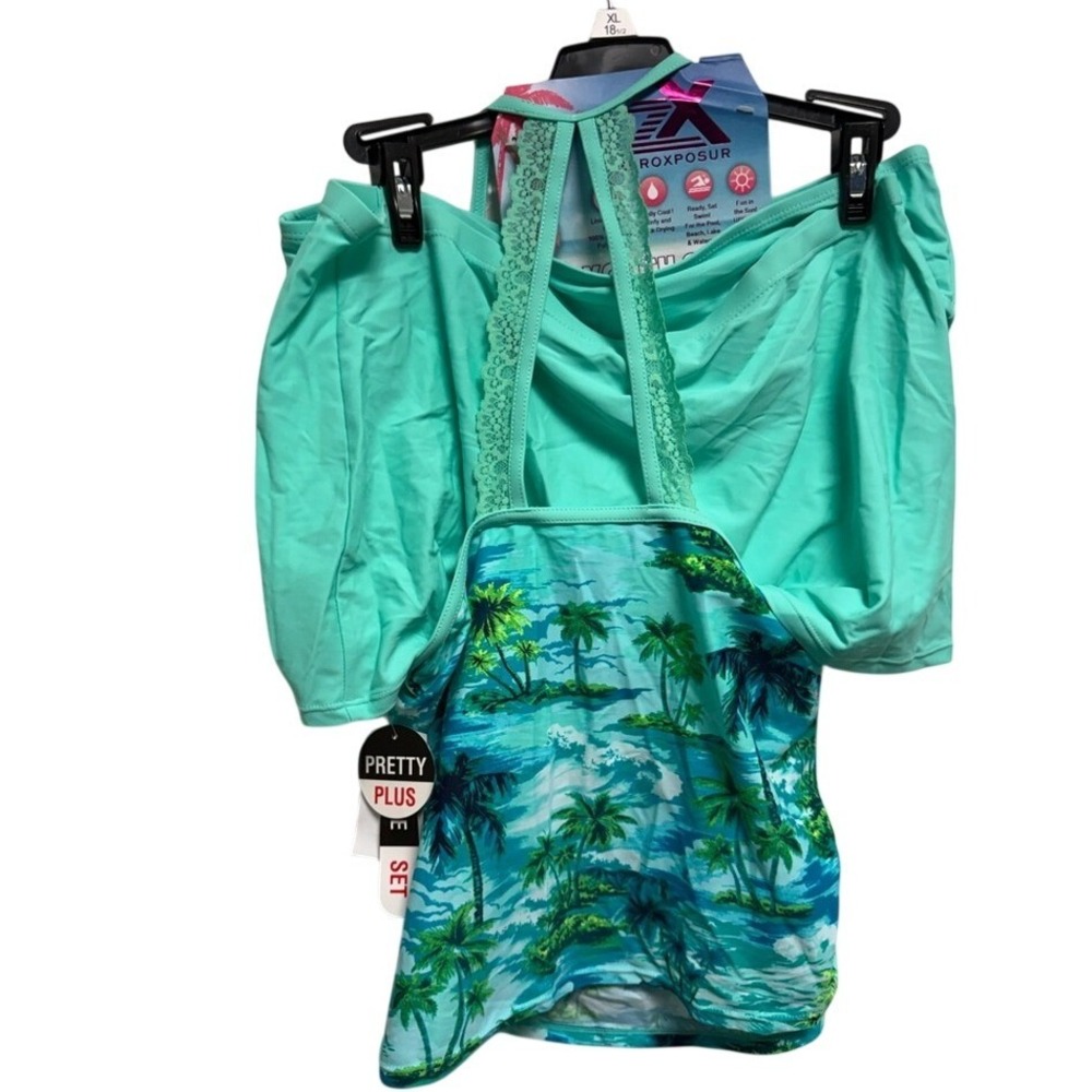 ZeroXposur 3 Piece Tankini Swimsuit Set Tropical Palm Print Teal XL 18.5 Plus - Picture 3 of 8